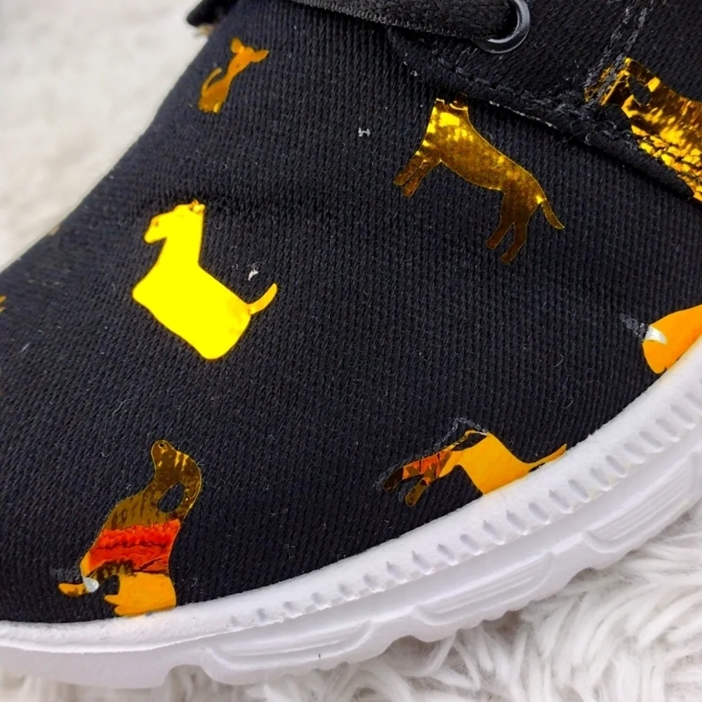 Inkkas FlexAires Black Gold Puppy  DesignCanvas Round Toe Lace Up Sneaker Shoe